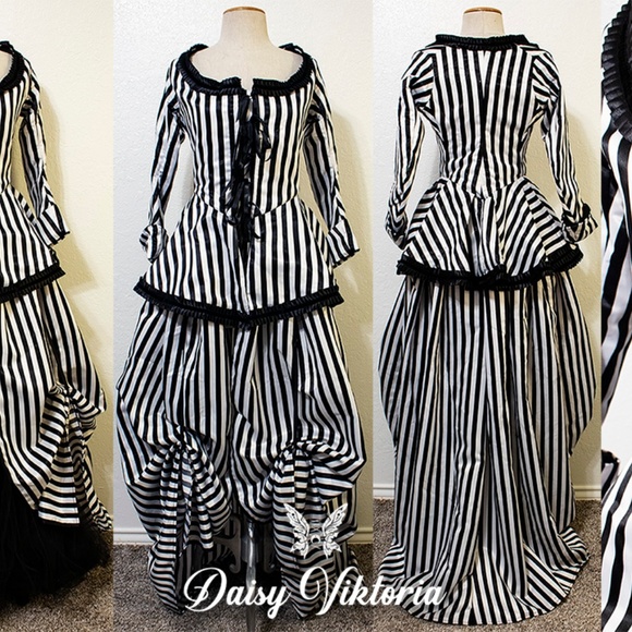 Black and White Striped Gothic Rococo Gown - Picture 2 of 11